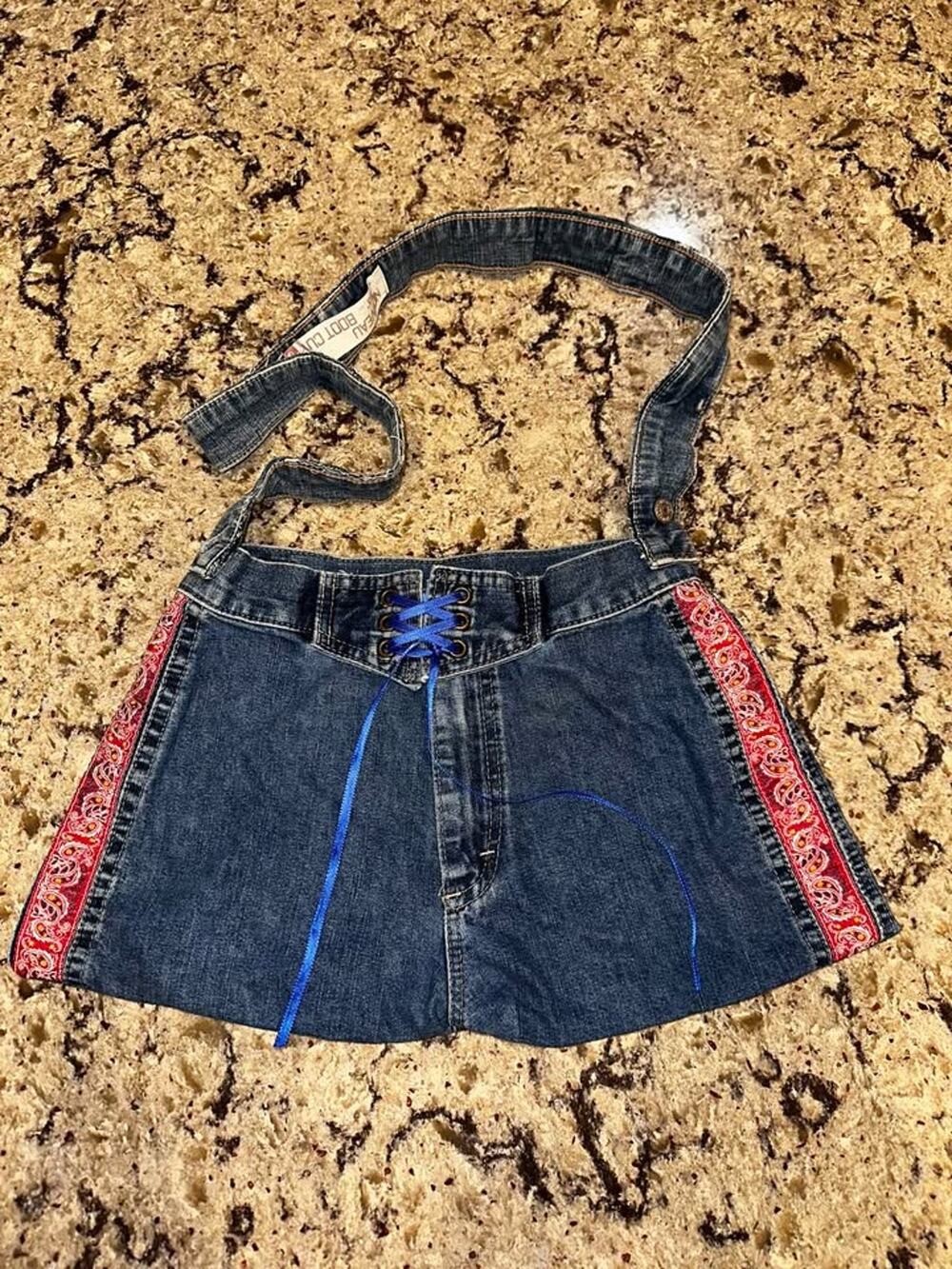 Vintage Y2K Levi’s Nouveau Boot Cut Denim Mini Skirt Purse Paisley
